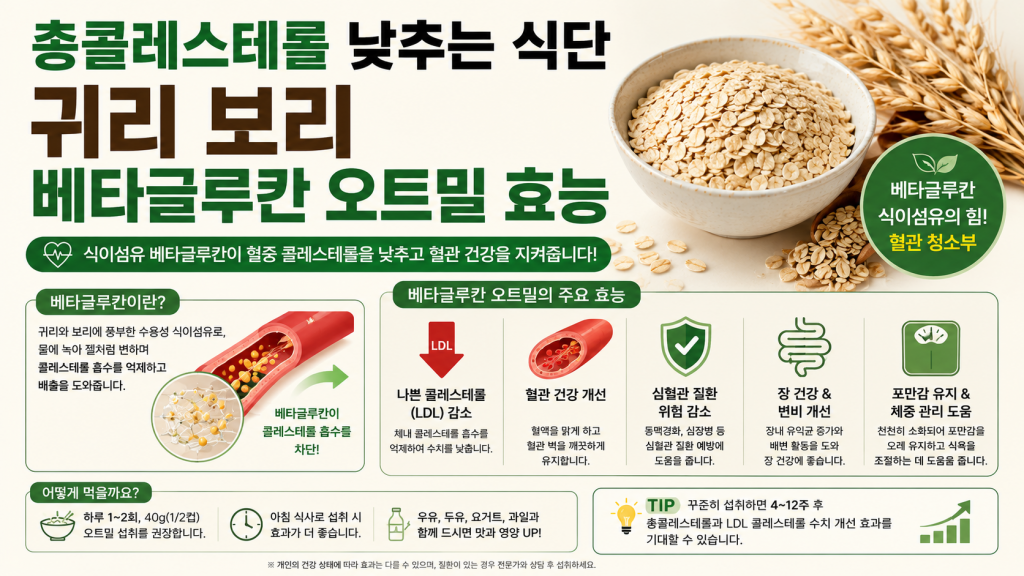 총콜레스테롤 낮추는 식단 귀리 보리 베타글루칸 오트밀 효능
