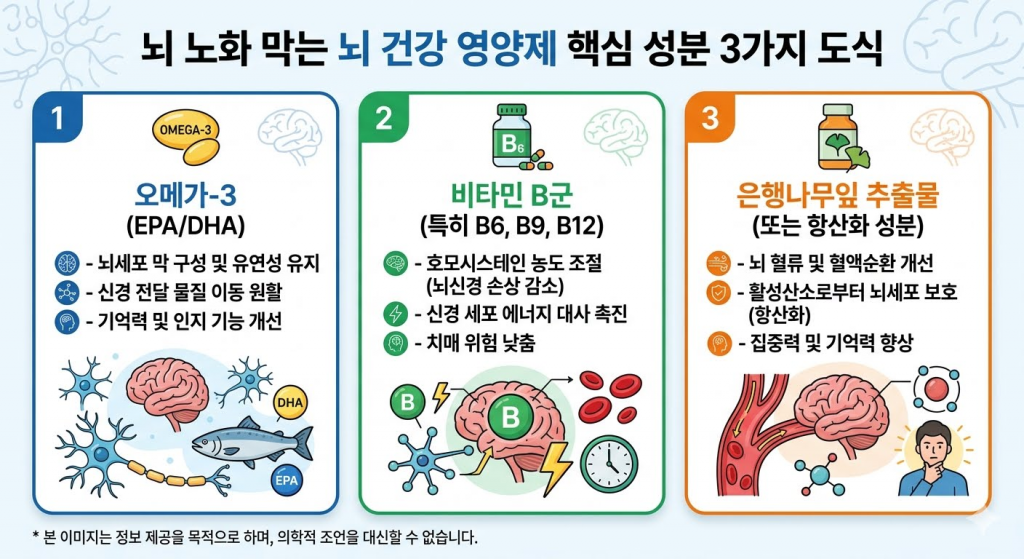 뇌 노화 막는 뇌 건강 영양제 핵심 성분 3가지 도식