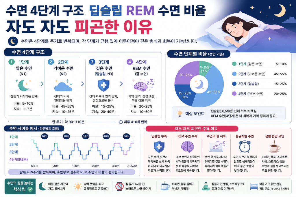 수면 4단계 구조 딥슬립 REM 수면 비율 자도 자도 피곤한 이유