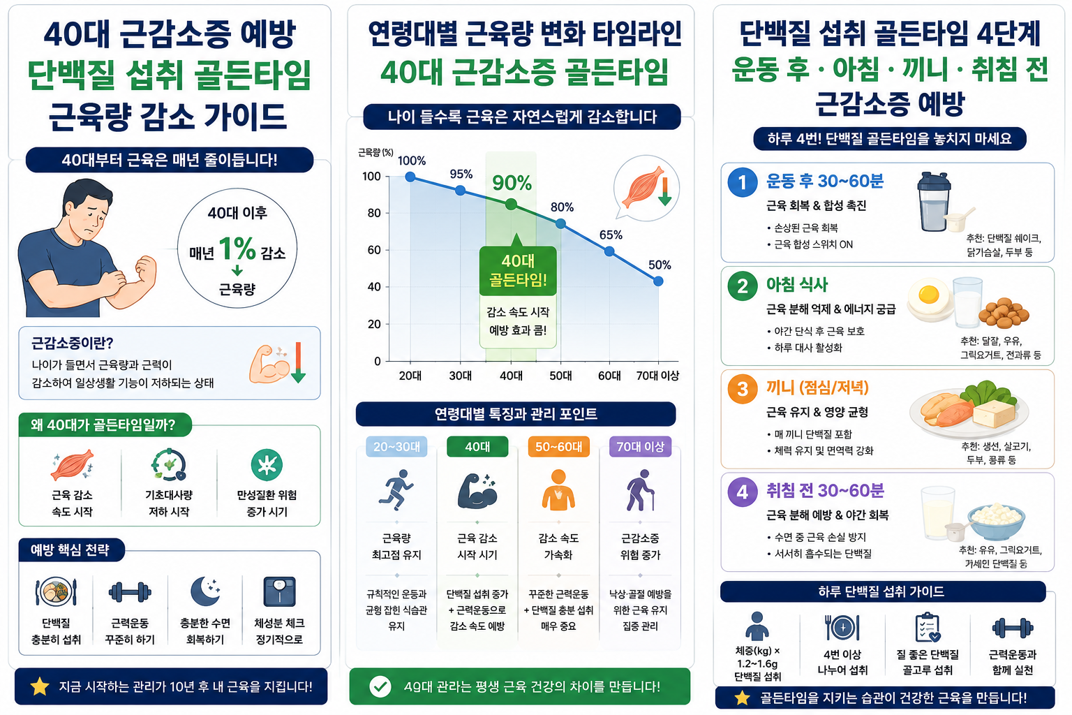40대 근감소증 예방 단백질 섭취 골든타임 근육량 감소 가이드