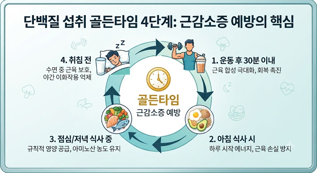 단백질 섭취 골든타임 4단계 운동 후 아침 끼니 취침 전 근감소증 예방