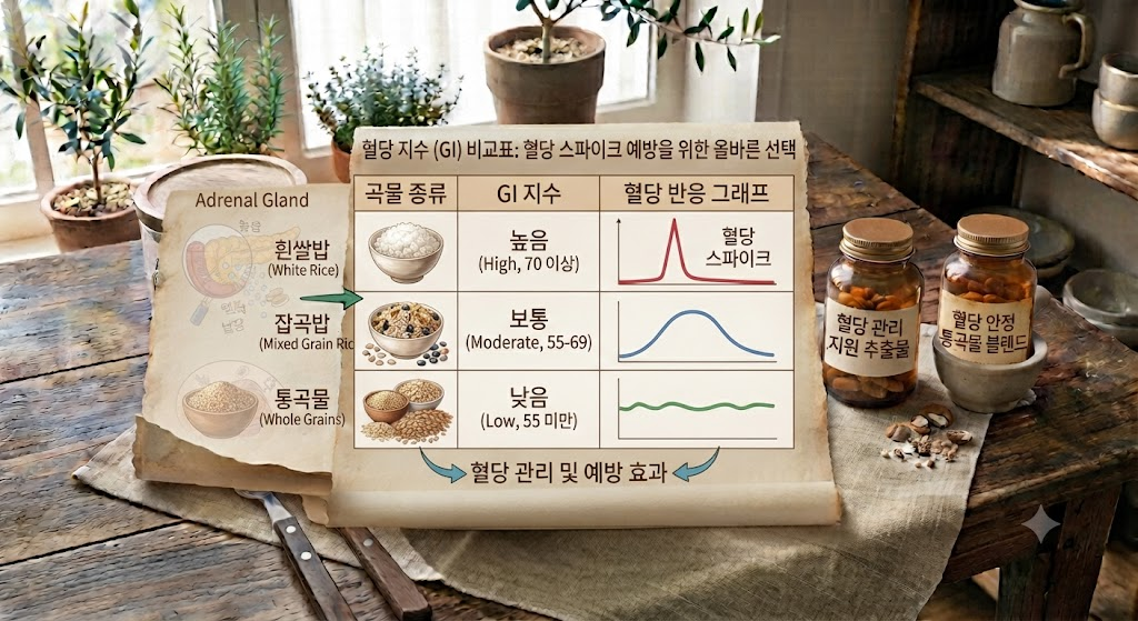 혈당 지수 GI 비교표 잡곡밥 통곡물 흰쌀밥 혈당 스파이크 예방