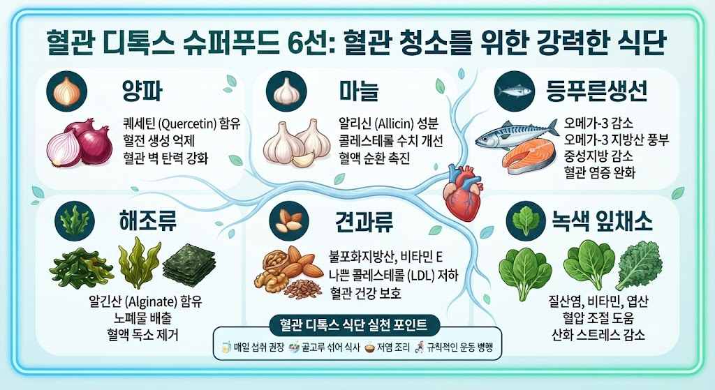 혈관 디톡스 식단 양파 마늘 등푸른생선 해조류 혈관 청소 슈퍼푸드