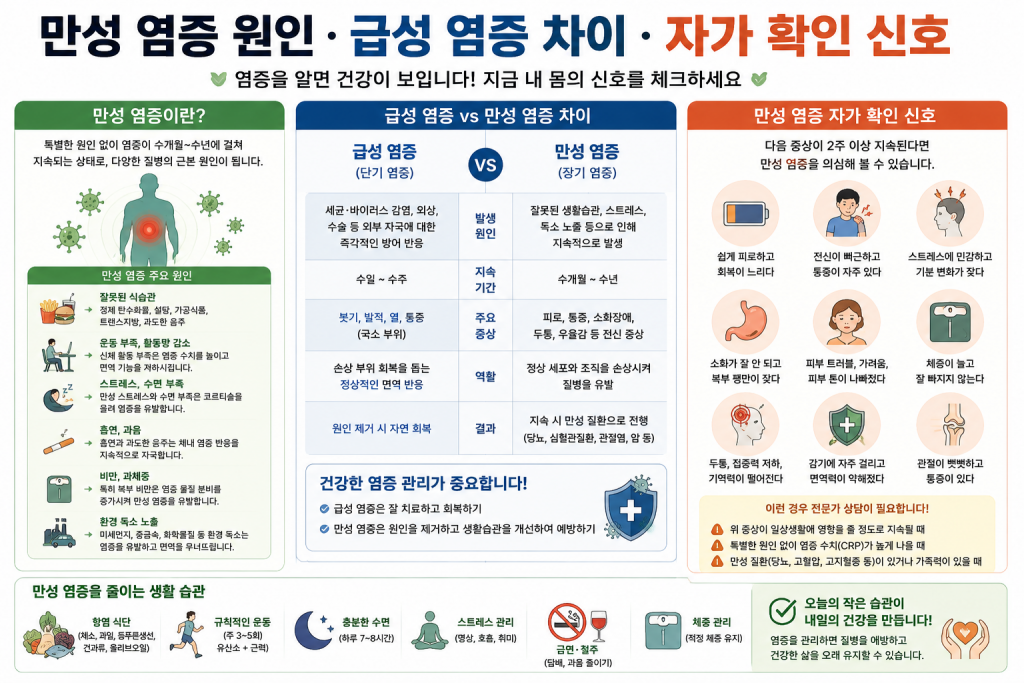 만성 염증 원인 급성 염증 차이 자가 확인 신호