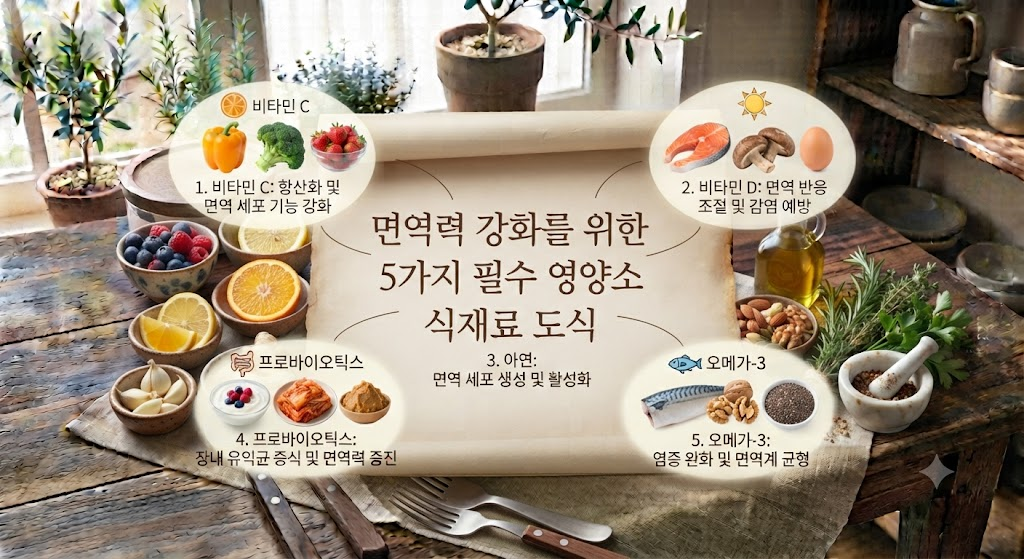 면역력 강화를 위한 5가지 필수 영양소 식재료 도식