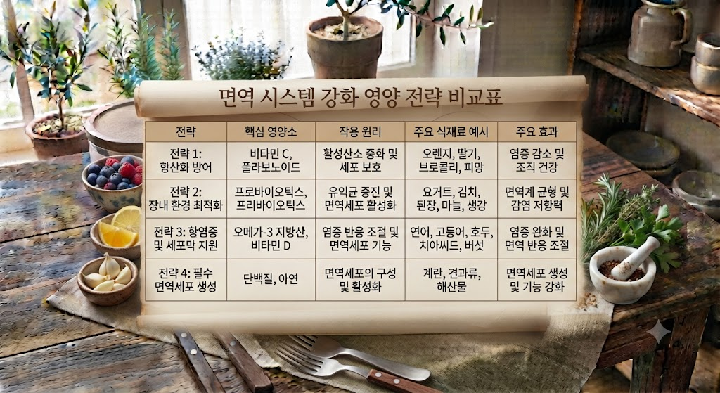 면역 시스템 강화 영양 전략 비교표