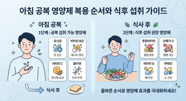 아침 공복 영양제 복용 순서와 식후 섭취 가이드 인포그래픽