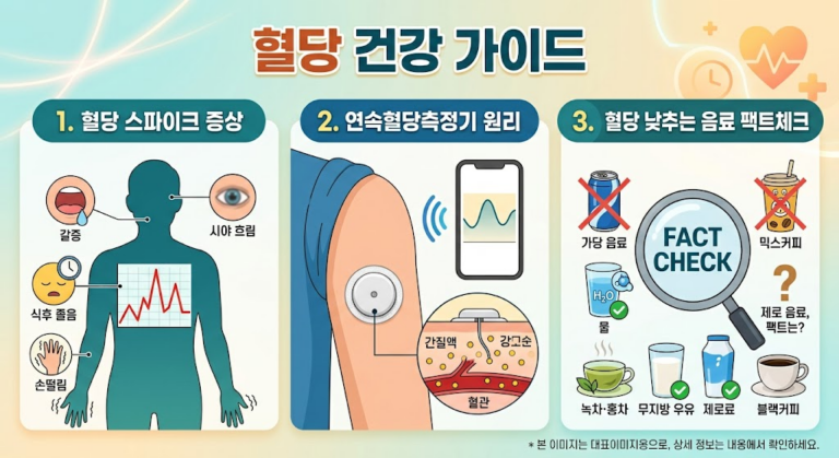 혈당 스파이크 증상 연속혈당측정기 원리와 혈당 낮추는 음료 팩트체크 인포그래픽