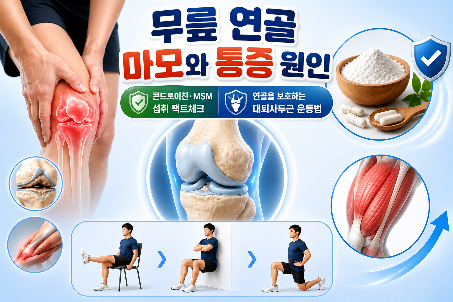 무릎 연골 마모와 통증 원인, 콘드로이친·MSM 섭취 팩트체크, 연골을 보호하는 대퇴사두근 운동법 종합 인포그래픽