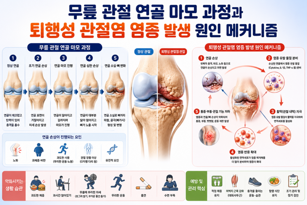 무릎 관절 연골 마모 과정과 퇴행성 관절염 염증 발생 원인 메커니즘