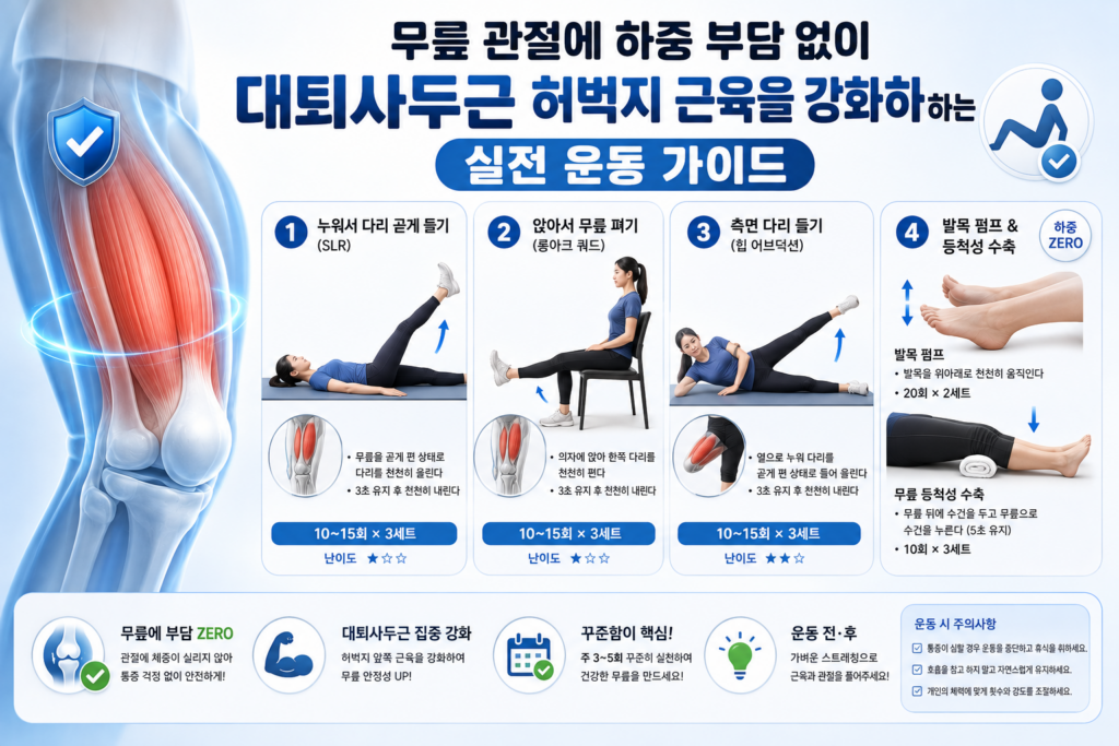 무릎 관절에 하중 부담 없이 대퇴사두근 허벅지 근육을 강화하는 실전 운동 가이드