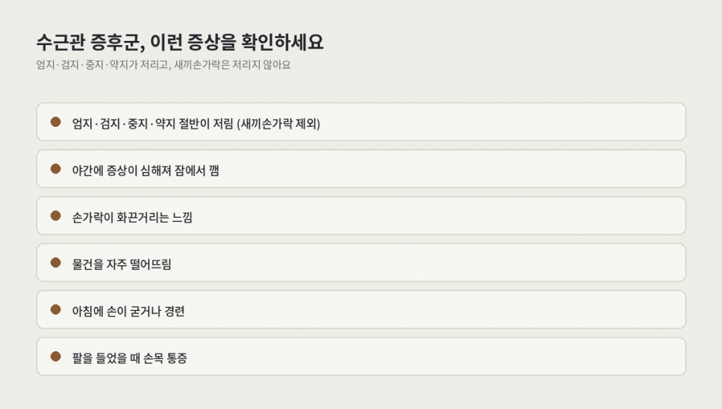 손목 통증 예방 스트레칭이 필요한 수근관 증후군 증상 6가지 — 저림, 야간 증상, 화끈거림, 물건 떨어뜨림