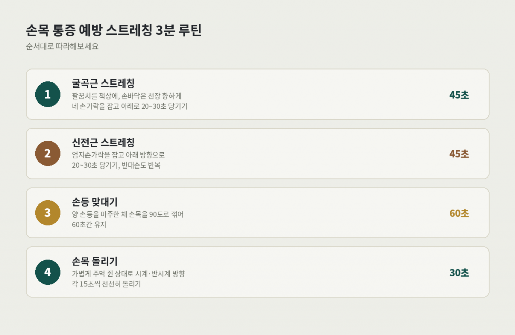 손목 통증 예방 스트레칭 3분 루틴 상세 — 굴곡근 스트레칭, 신전근 스트레칭, 손등 맞대기, 손목 돌리기