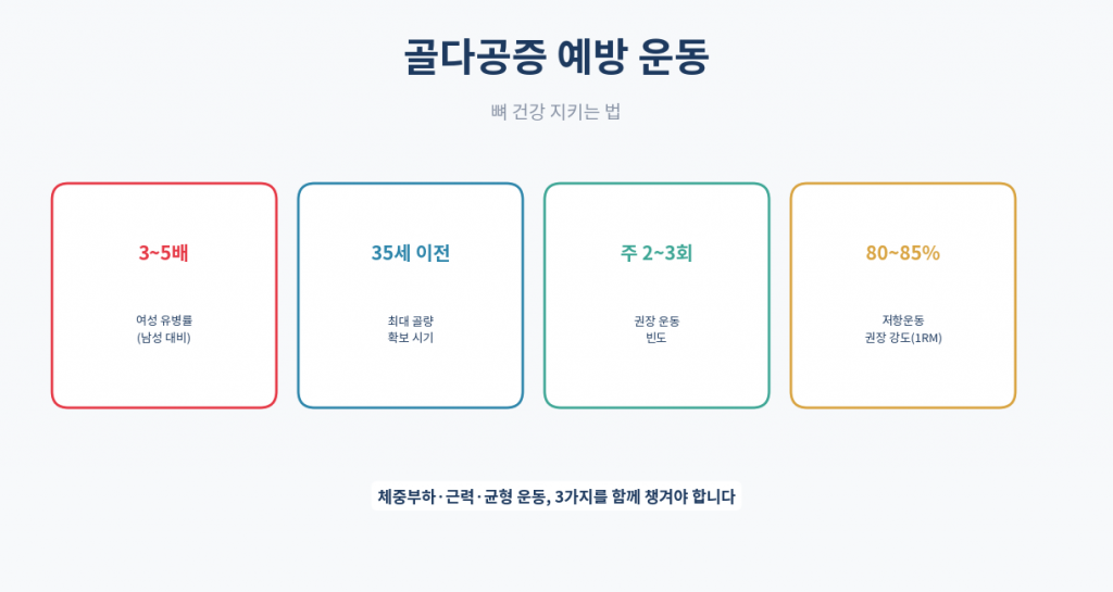 골다공증 예방 운동 3축 인포그래픽 체중부하 근력 균형