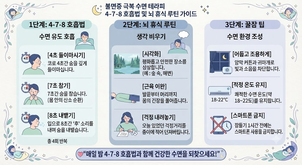 불면증 극복 수면 테라피 4-7-8 호흡법 및 뇌 휴식 루틴 가이드