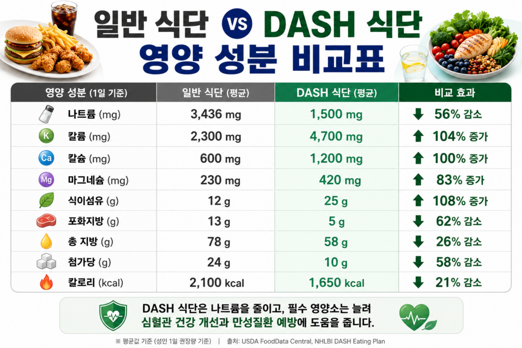 일반 식단 vs DASH 식단 영양 성분 비교표